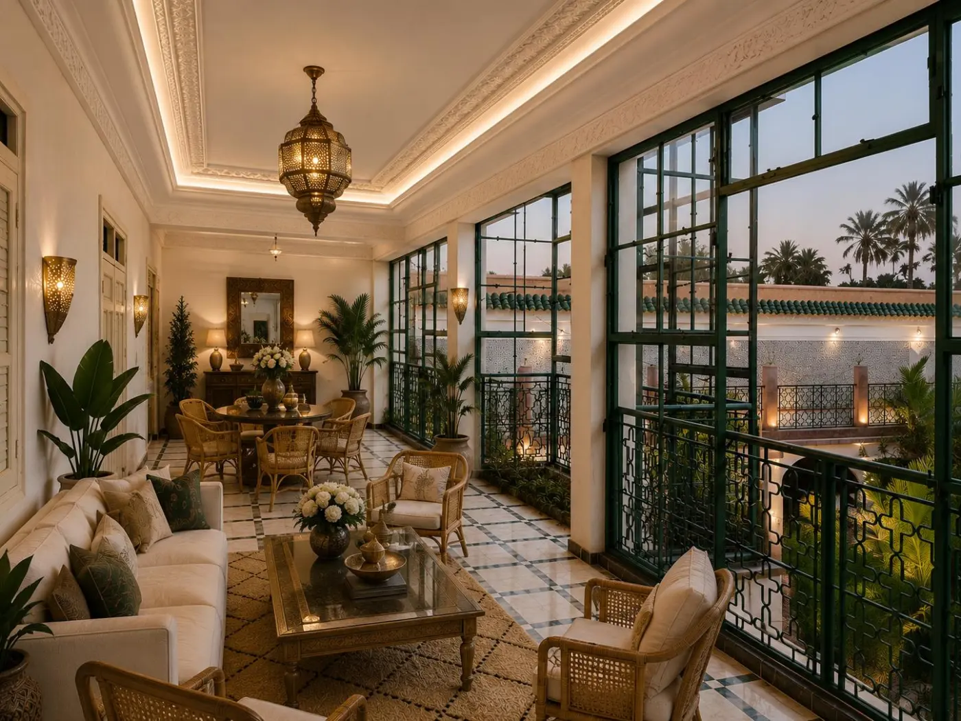 Light-filled balcony lounge overlooking the riad courtyard