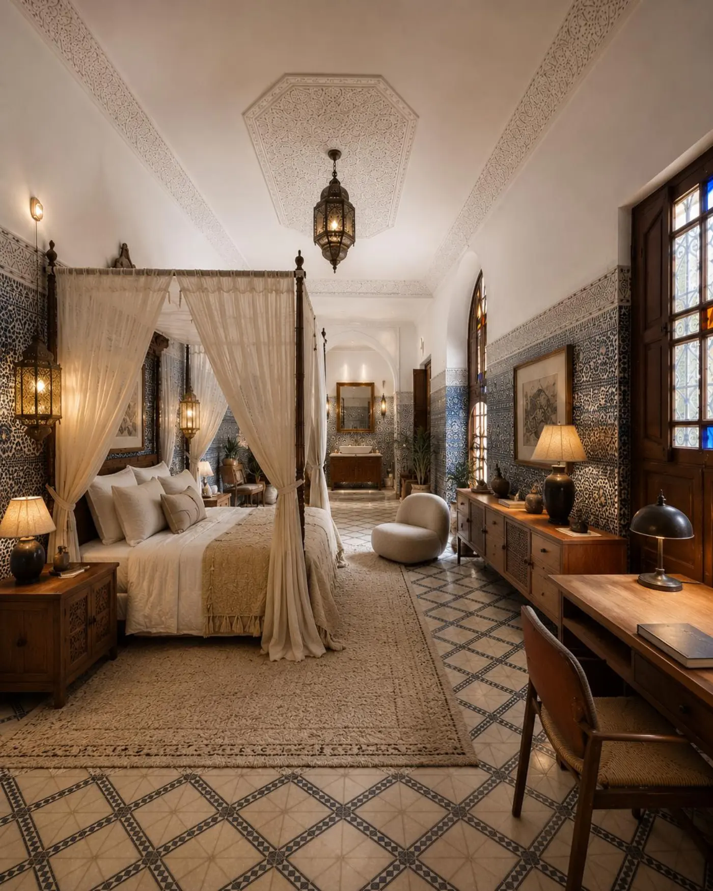 Canopy bedroom with blue zellige and carved wood