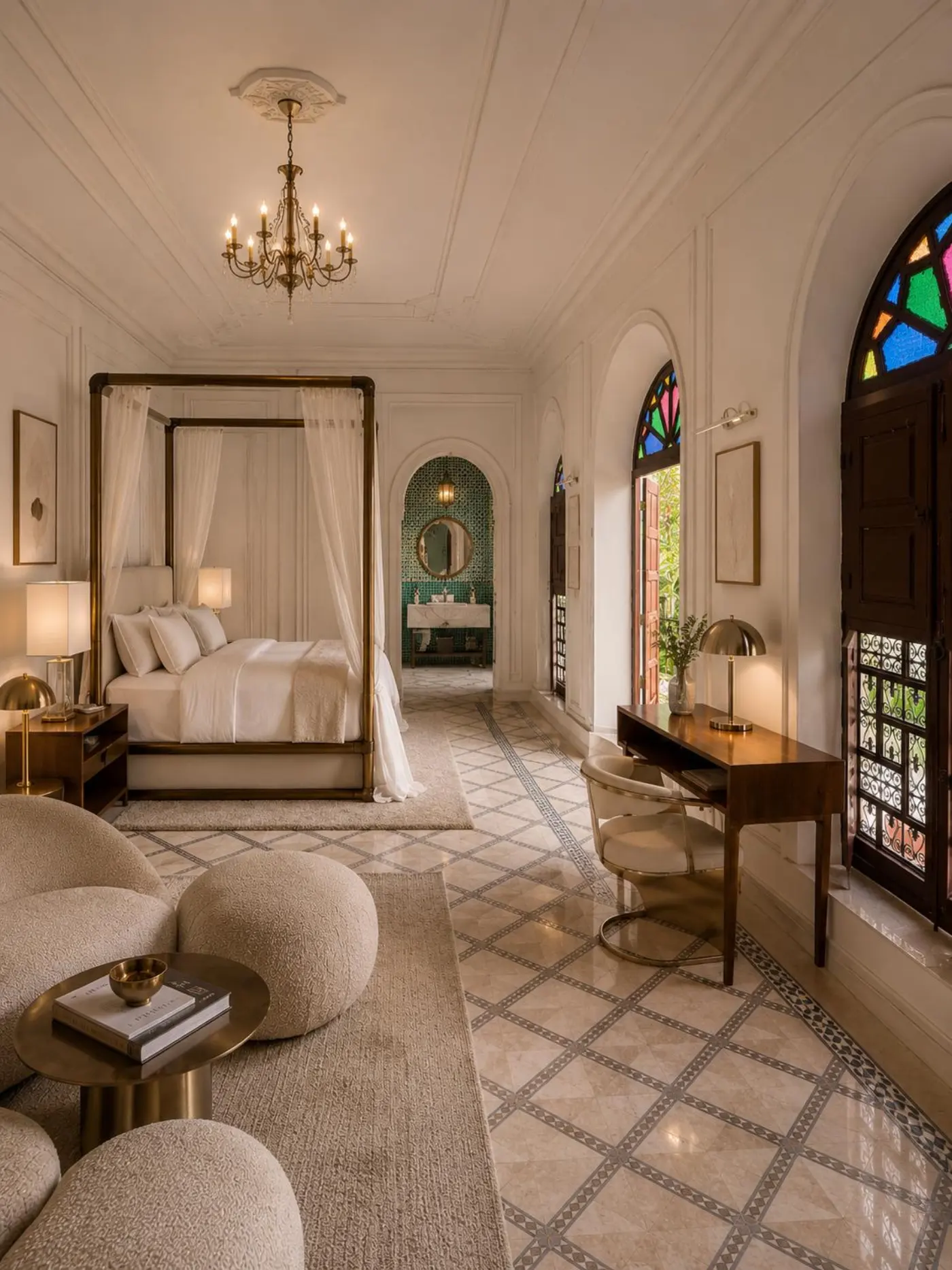 Canopy suite with green zellige bathroom and stained-glass windows