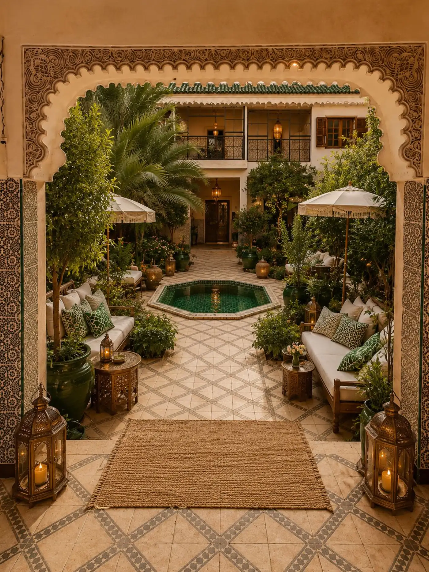 Lantern-lit courtyard seen through a carved arch