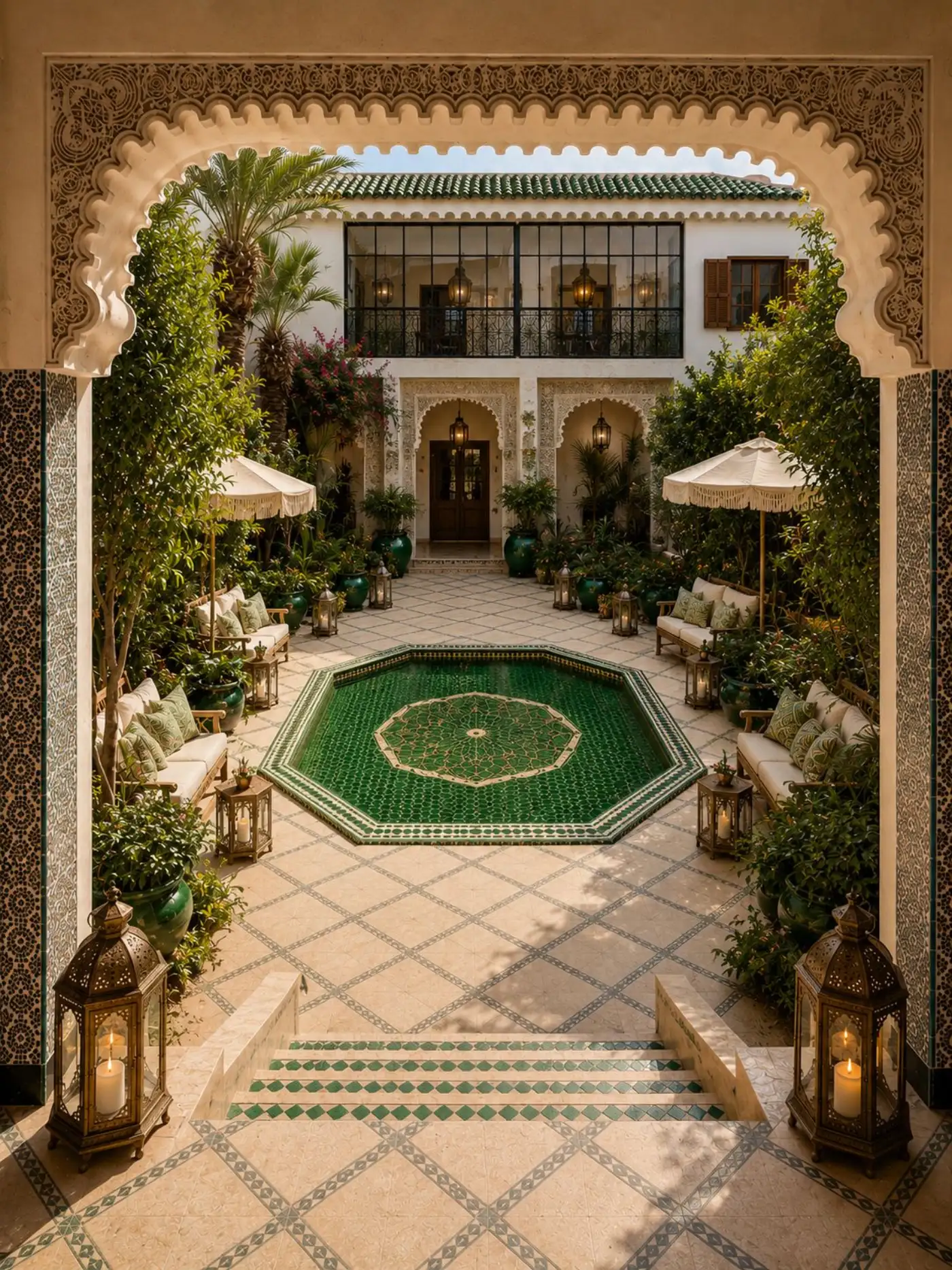 Riad courtyard seen from an arched stairway with octagonal pool