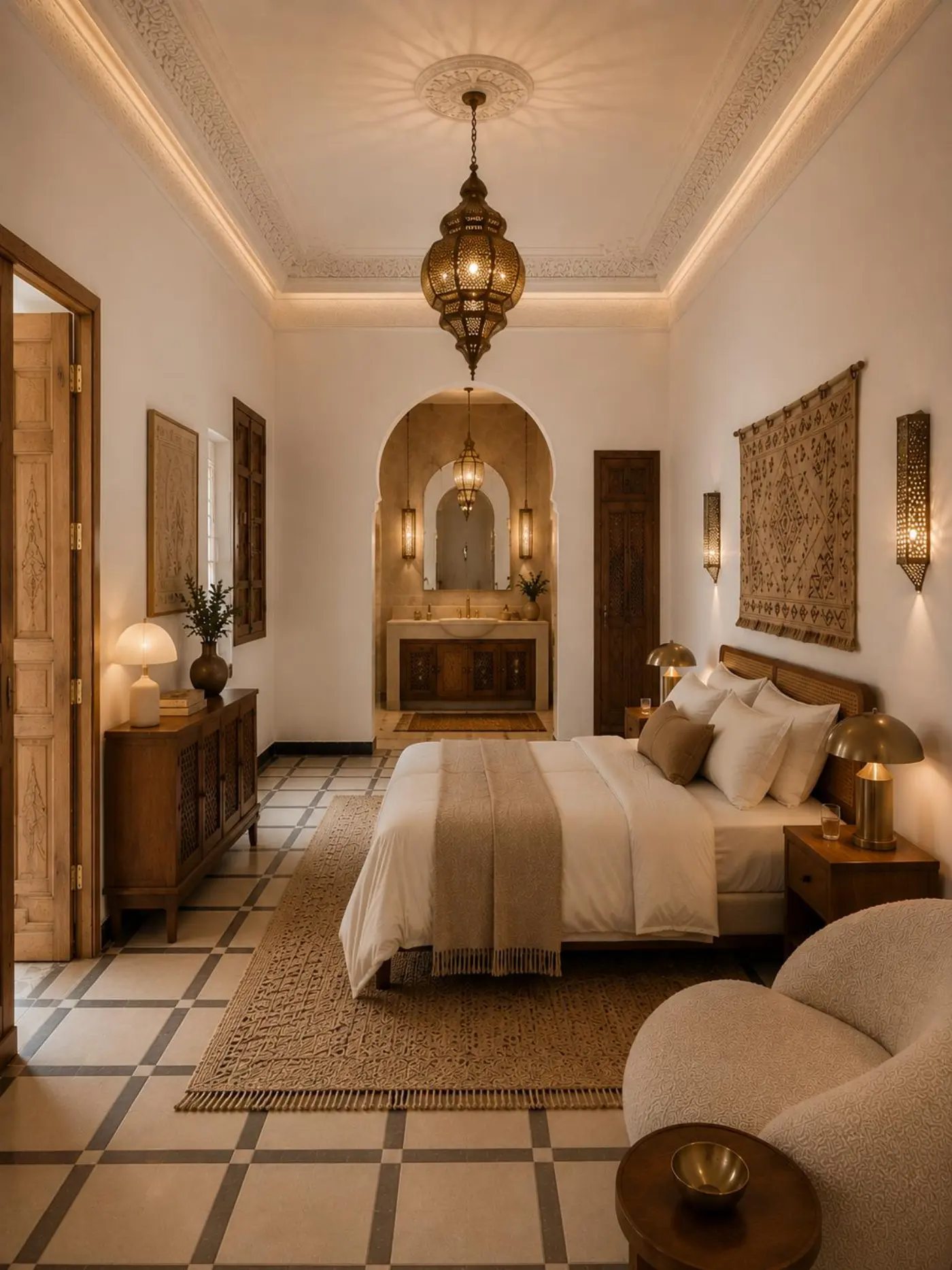 Neutral bedroom with tapestry, alcove and arched ensuite