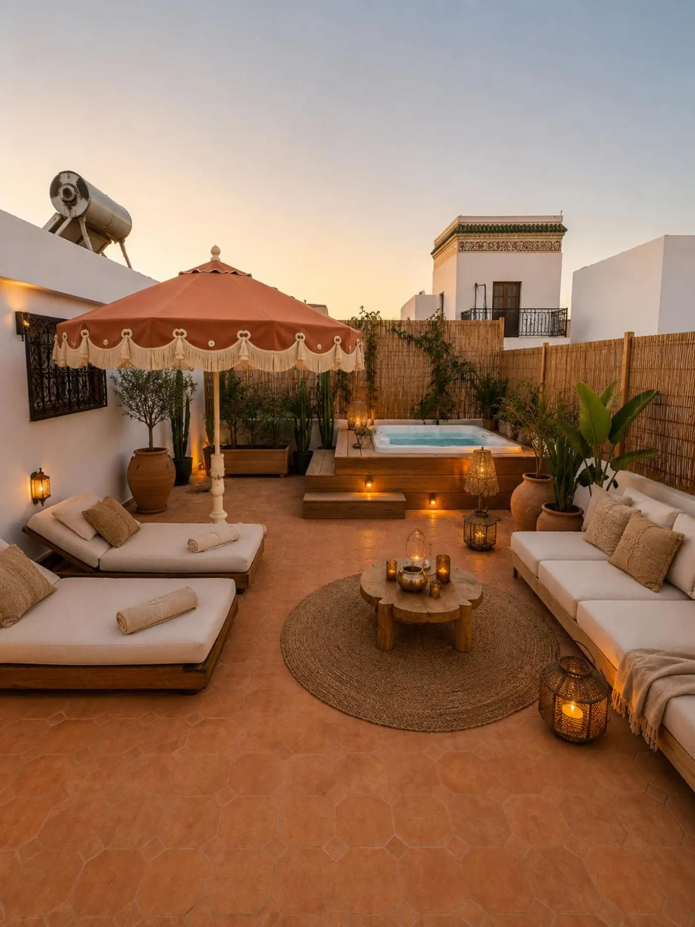 Riad rooftop terrace with loungers, parasol and lanterns at sunset