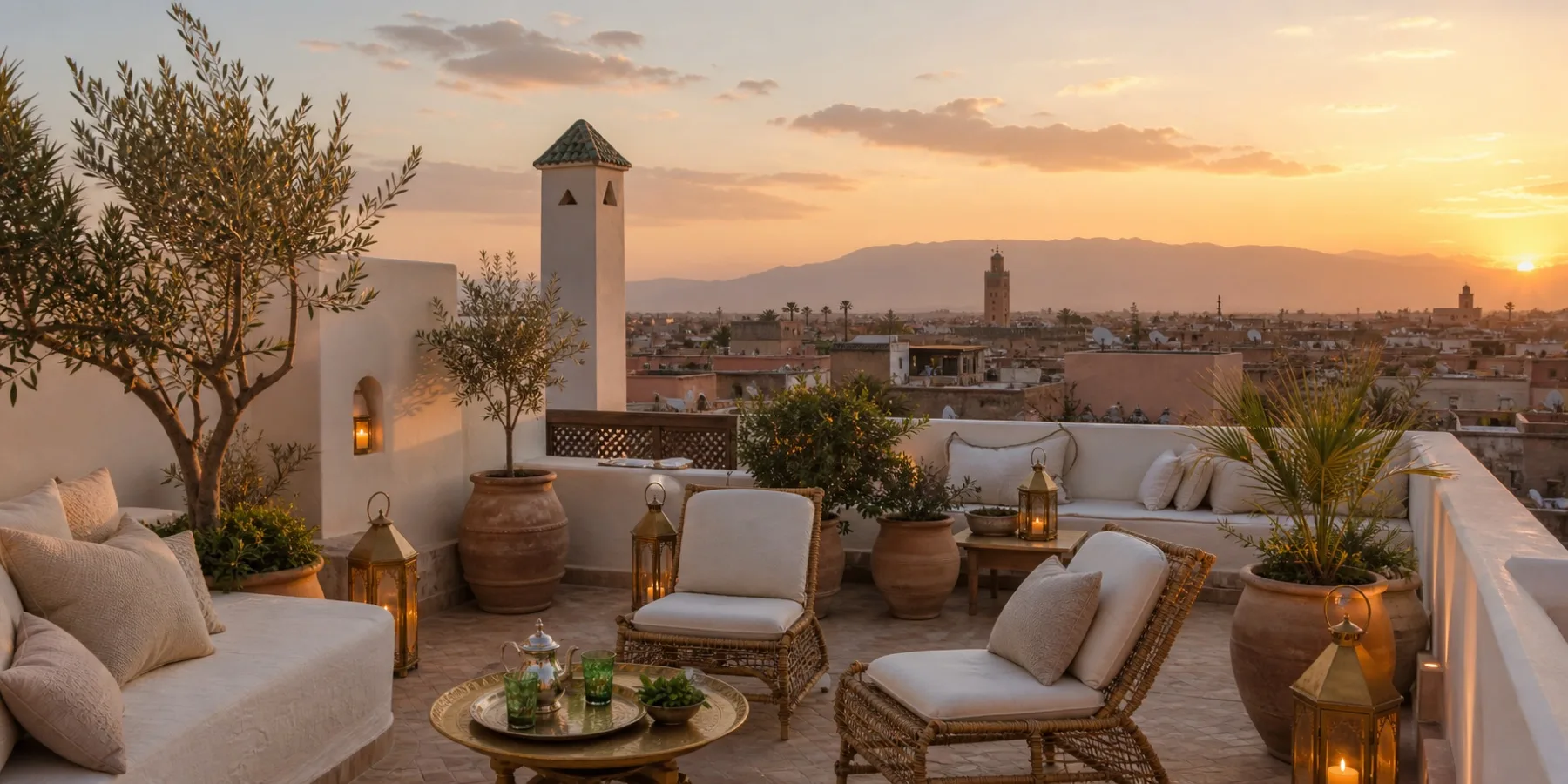 Riad rooftop terrace with olive trees, cushions, lanterns, and sunset views