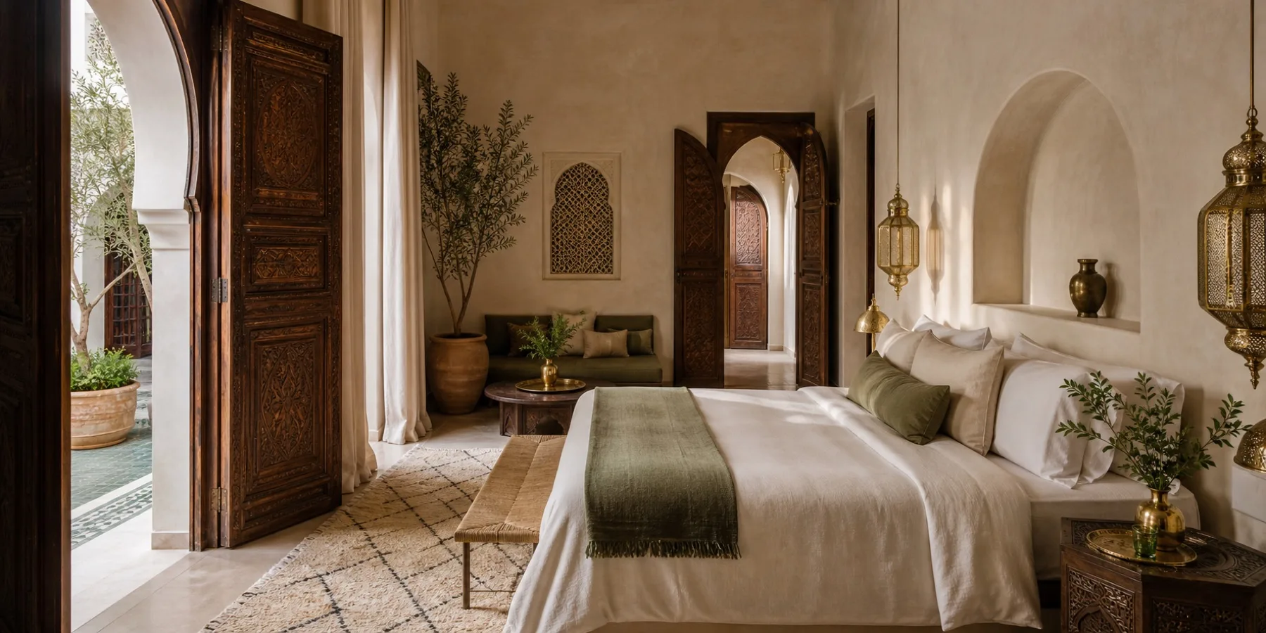 Refined Moroccan riad suite with carved cedar doors, plaster walls, and soft daylight