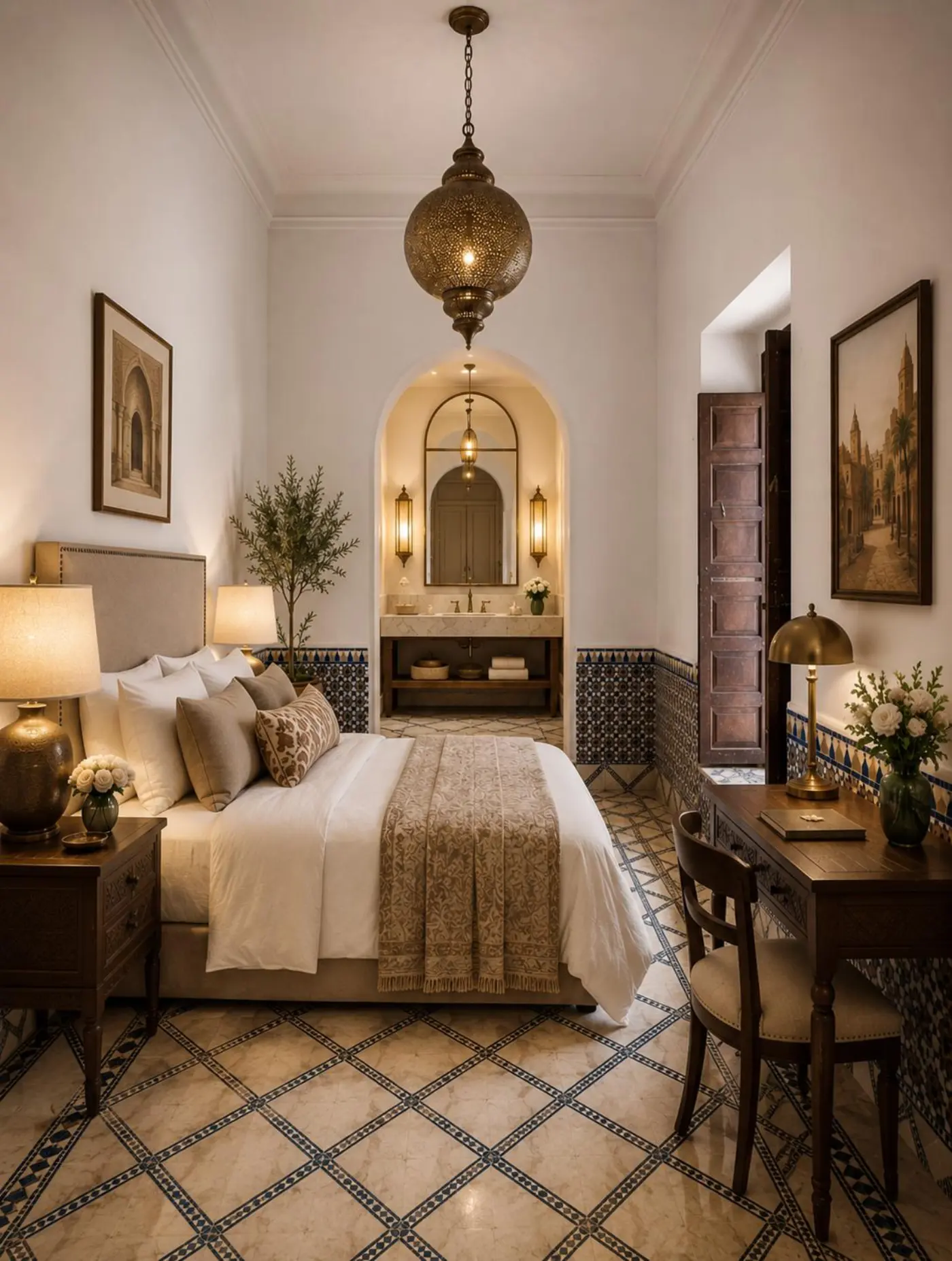 Traditional bedroom with writing desk, zellige and soft light