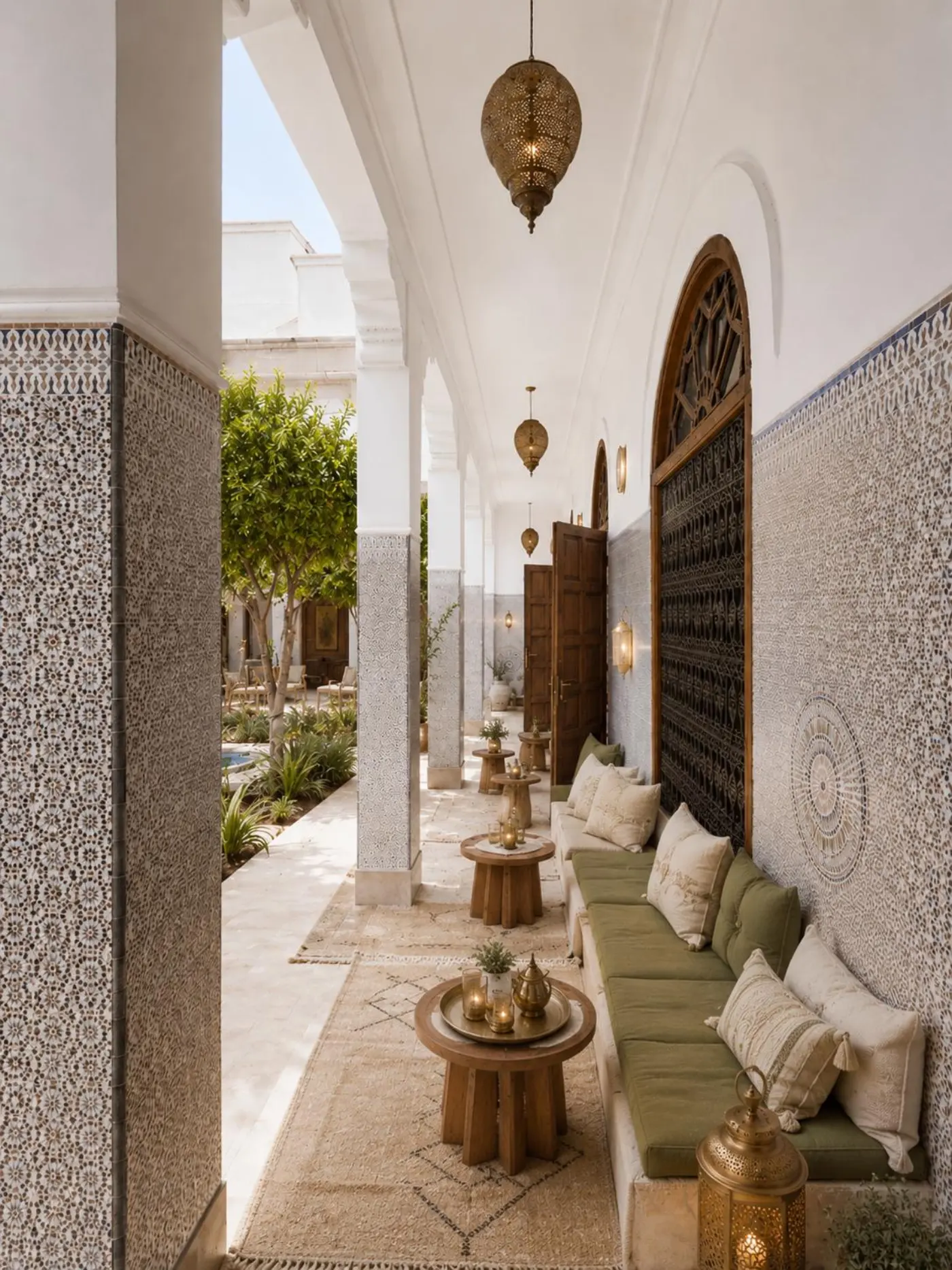 Zellige courtyard gallery with green banquette and carved doors